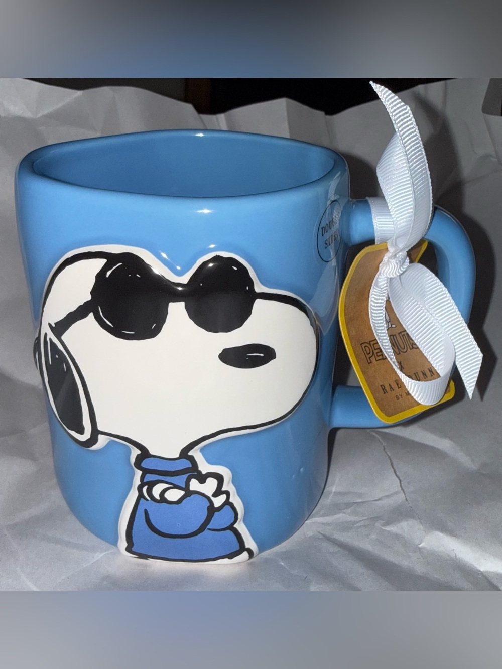 Snoopy Blue Ceramic Mug with Sunglasses by Rae Dunn. Chill on the backside.
